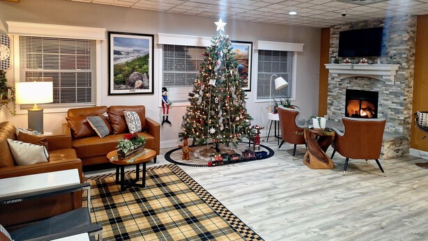 A cozy living room with a fireplace, a Christmas tree, and a fireplace mantel. - Dawson Inn (Meadow Bridge)