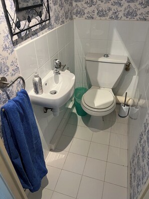 A bathroom with a white sink, toilet, and green trash bin. - Magnifique appartement dominant de 100m2, énorme terrasse vue mer et montagne (Vence)