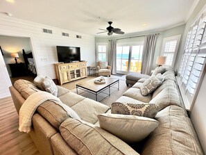 Flat-screen TV, video games, DVD player, stereo