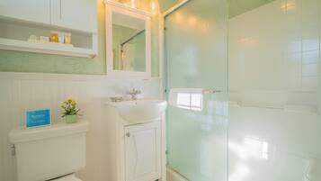 A bathroom with a toilet, sink, and glass shower enclosure.