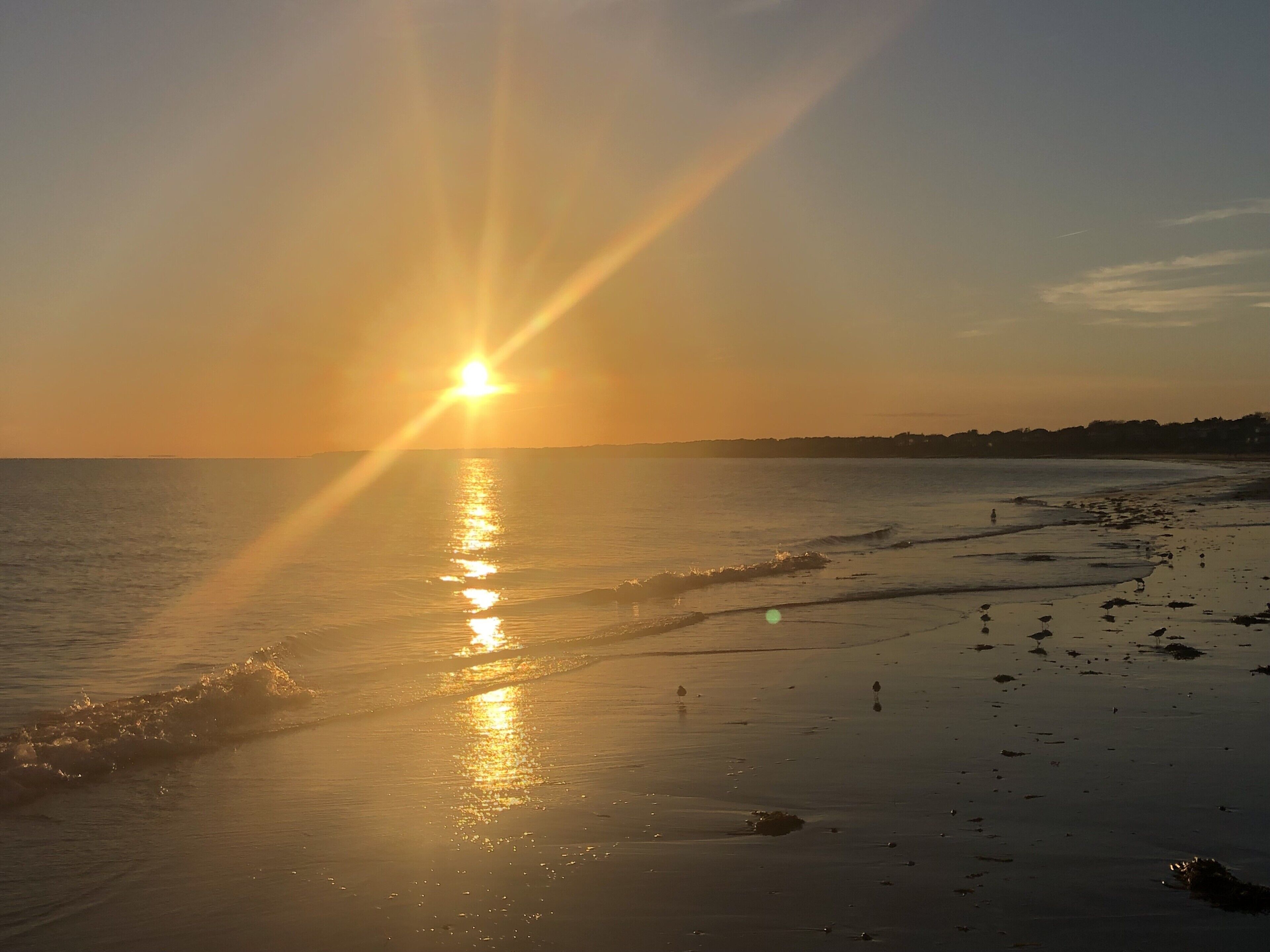 Une plage où le soleil se reflète sur l’eau, créant un chemin lumineux et éclatant.