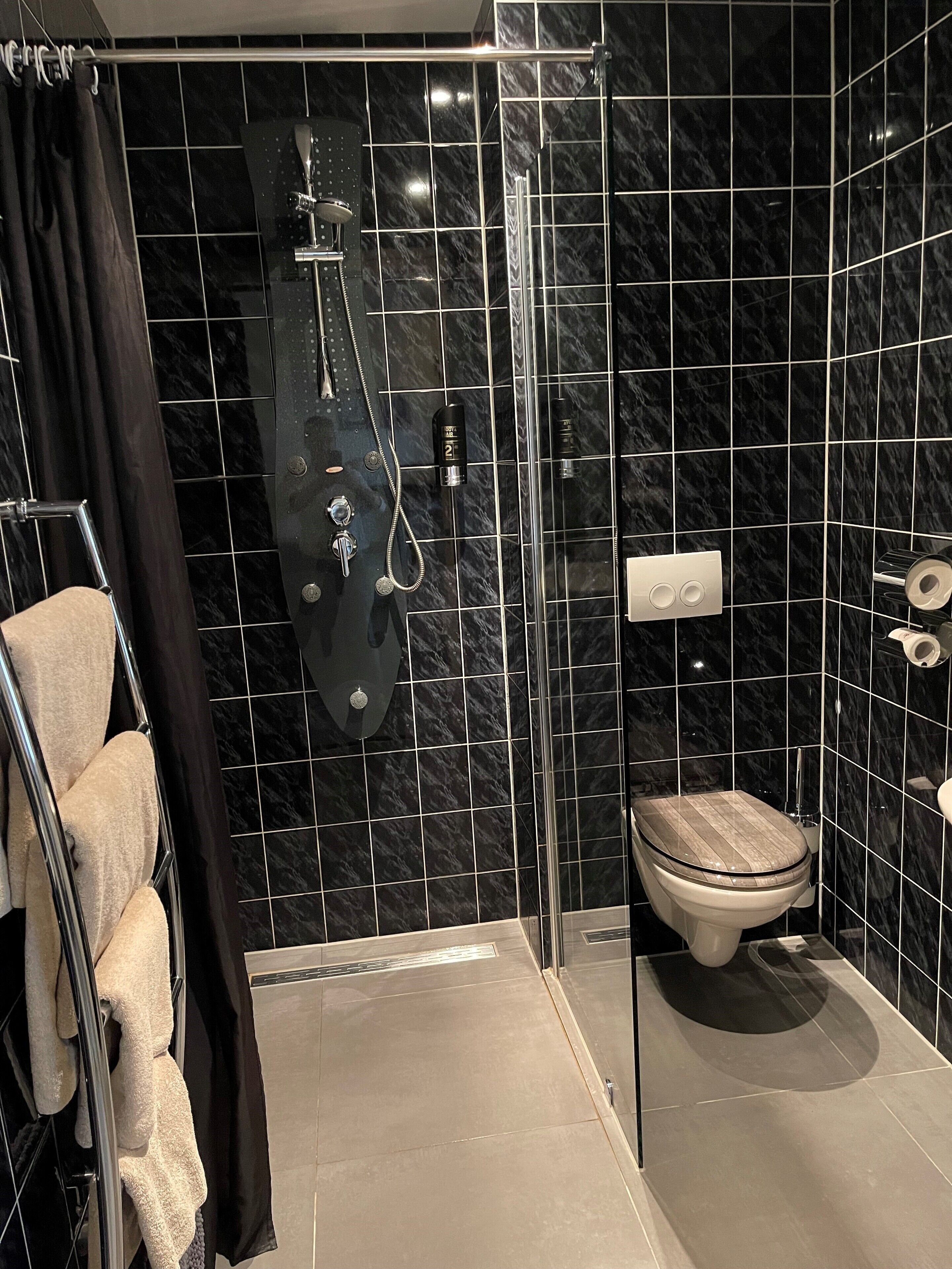 Deluxe tweepersoonskamer | Badkamer | Een douche, een hydromassagedouche, gratis toiletartikelen