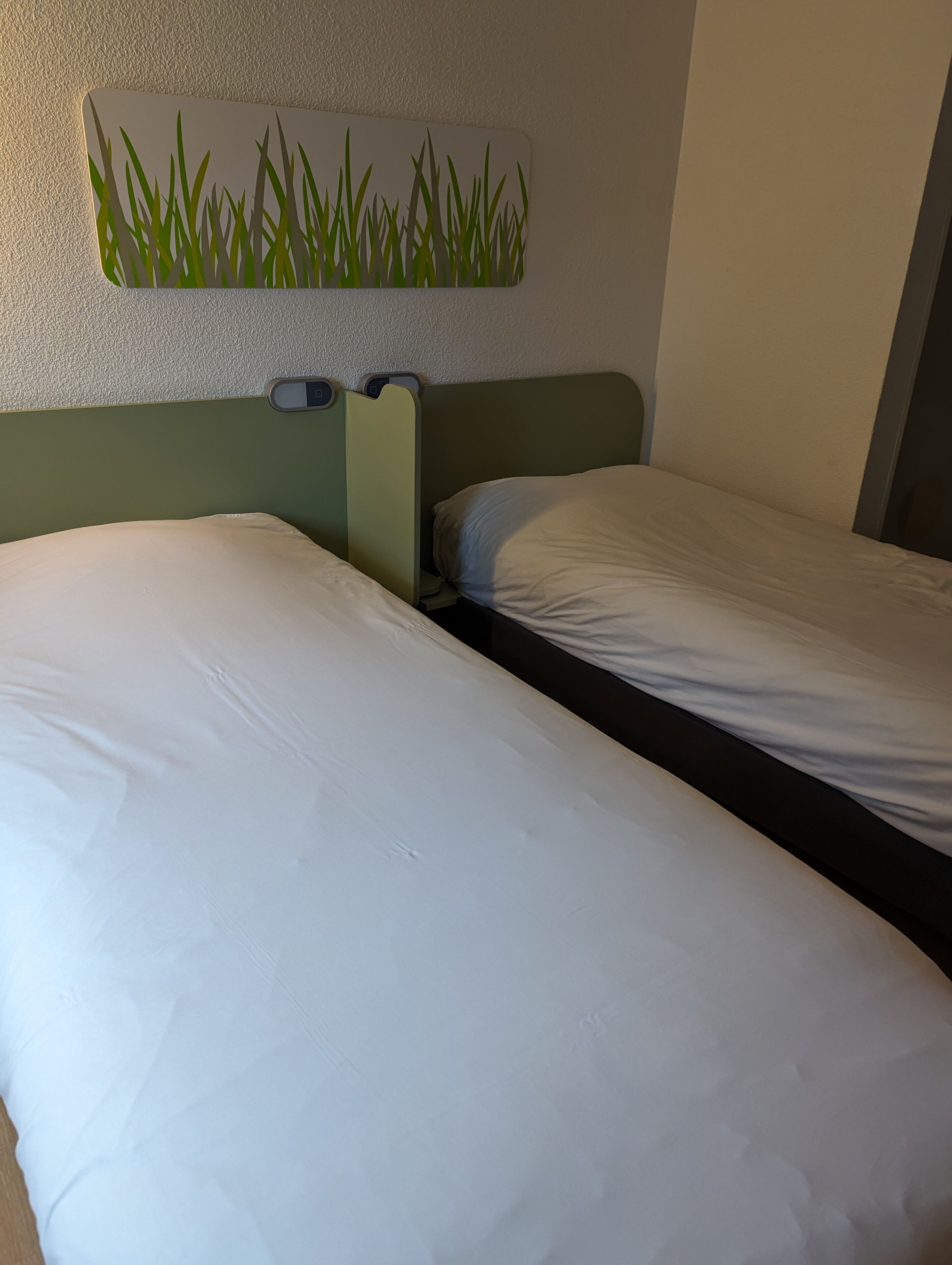 A twin room with two single beds, a green headboard, a wall clock, and a wall-mounted artwork of grass.