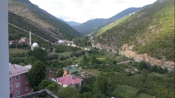 A mountainous landscape with a valley, buildings, and a mosque with a minaret. - Balkon Pansiyon (Maçka)