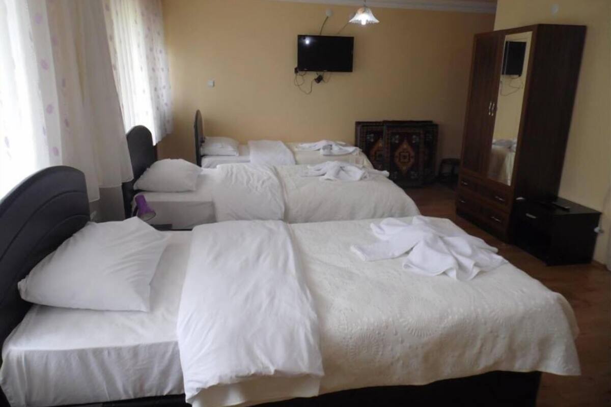 A hotel room with two beds, a television, a wardrobe, and a mirror.