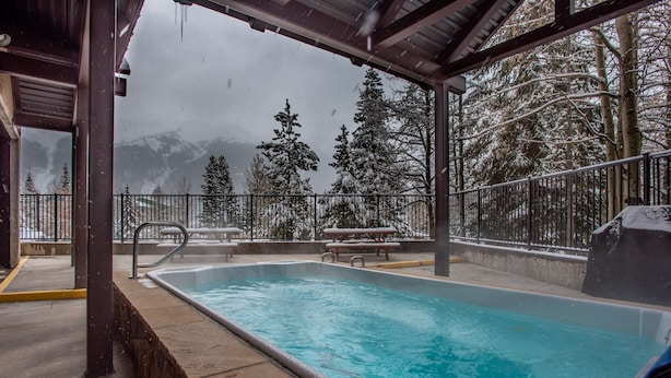 A swimming pool with a view of snow-covered trees and mountains in the background. - The best view in Center Village.  Perfect for Concerts and Skier watching!!! (Copper Mountain)