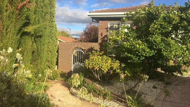 A residential property with a brick house, a gravel driveway, and various plants and shrubs.