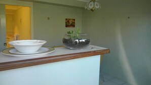 A kitchen counter with a white bowl and a glass fishbowl containing a plant.
