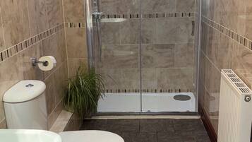 Combined shower/bathtub, hair dryer, towels, soap