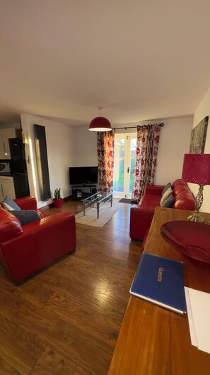 Televisión de pantalla plana, reproductor de DVD, videoteca y estéreo 