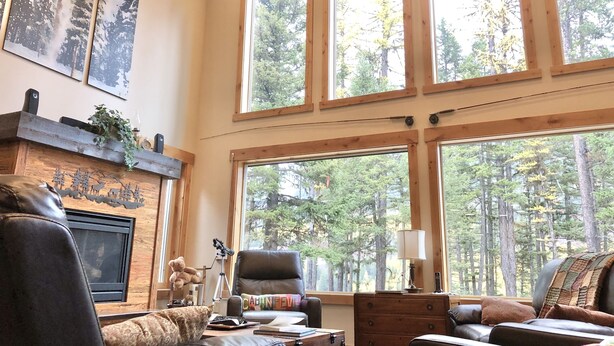 Un salon chaleureux avec une cheminée, de grandes fenêtres et une vue sur la forêt.