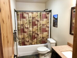 Combined shower/bathtub, hair dryer, towels, soap