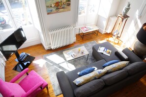 Televisión, chimenea, reproductor de DVD y libros 