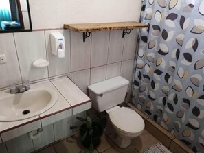 Ducha, secador de pelo, toallas, jabón