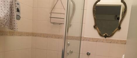 Ein Badezimmer mit Duschkabine, Waschbecken mit Spiegel darüber und Toilette.
