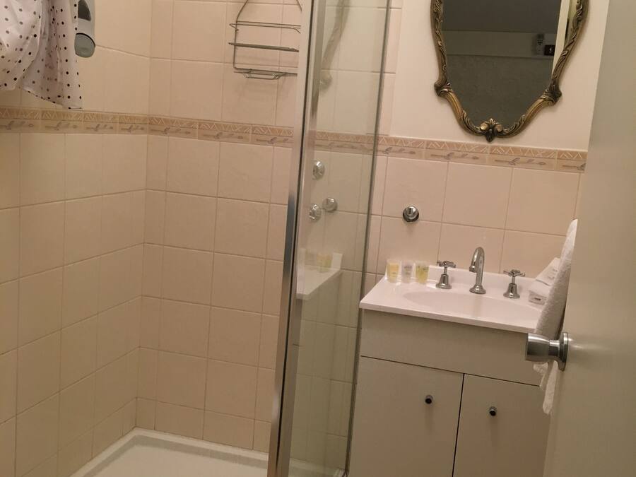 A bathroom with a glass-enclosed shower, a sink with a mirror above it, and a toilet.
