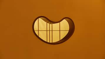 A heart-shaped window with a grid pattern.