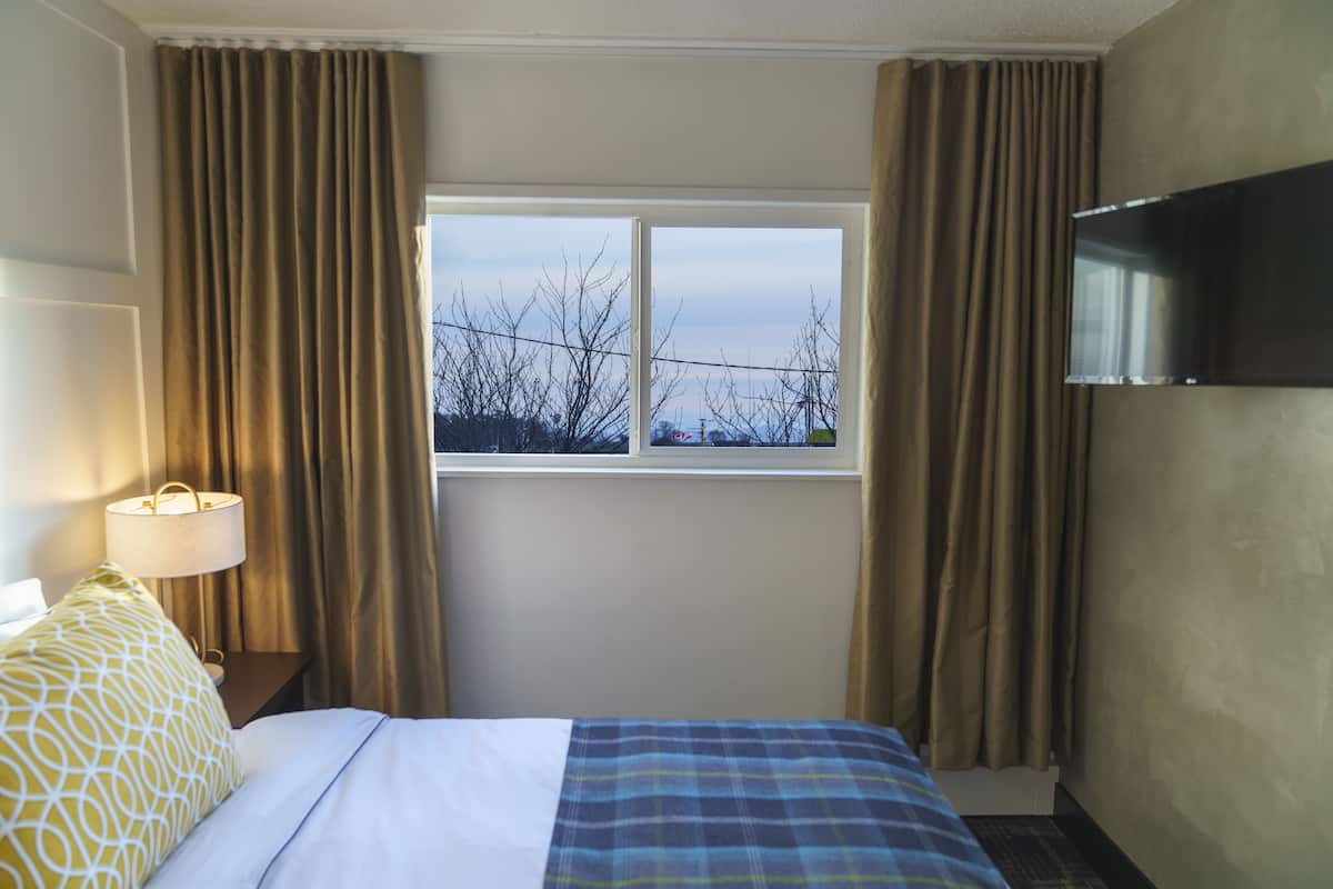 Une chambre d’hôtel avec un lit, une fenêtre, des rideaux, une lampe et un téléviseur.