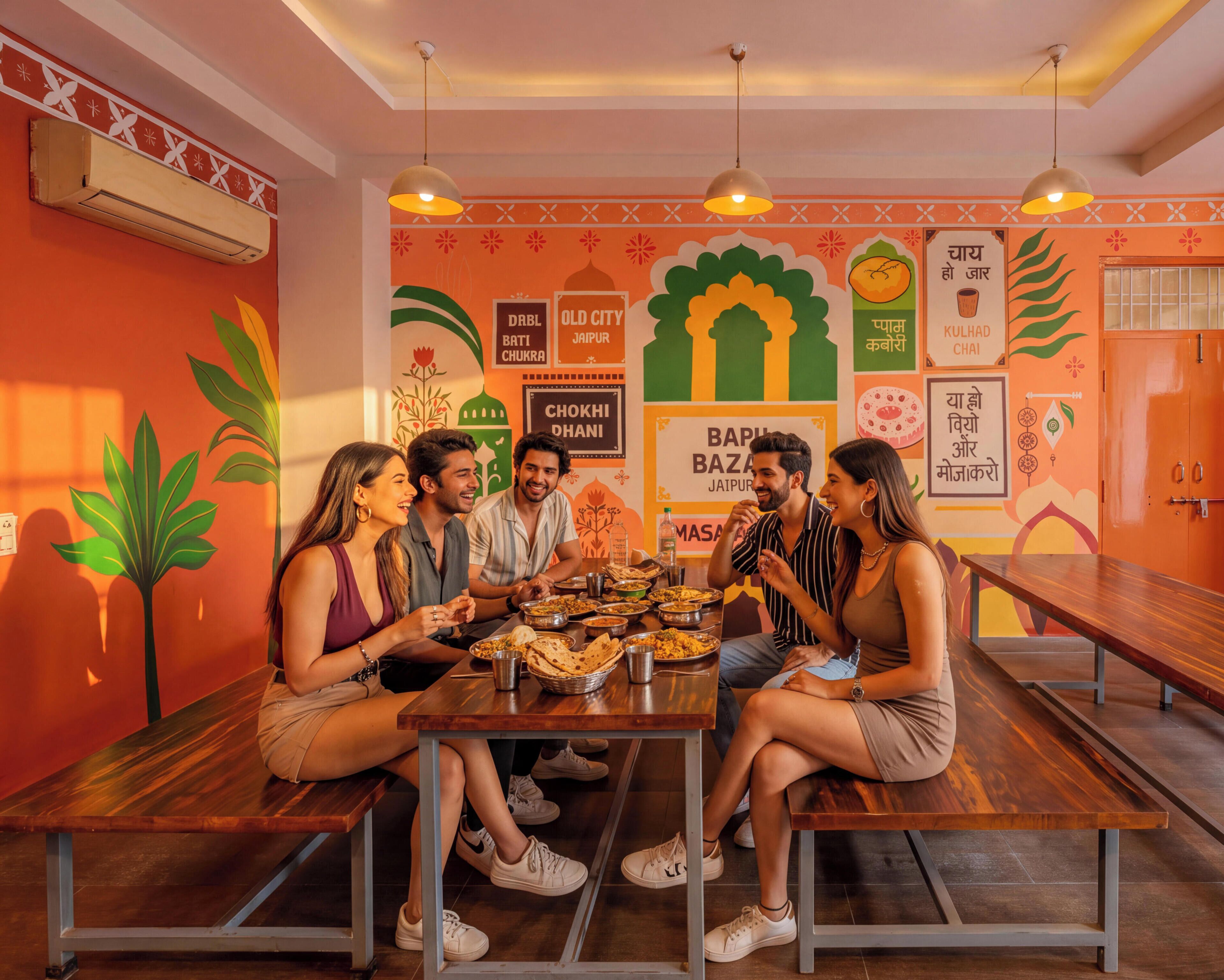 A group of people dining at a restaurant with a colorful wall featuring various food-related graphics and text.
