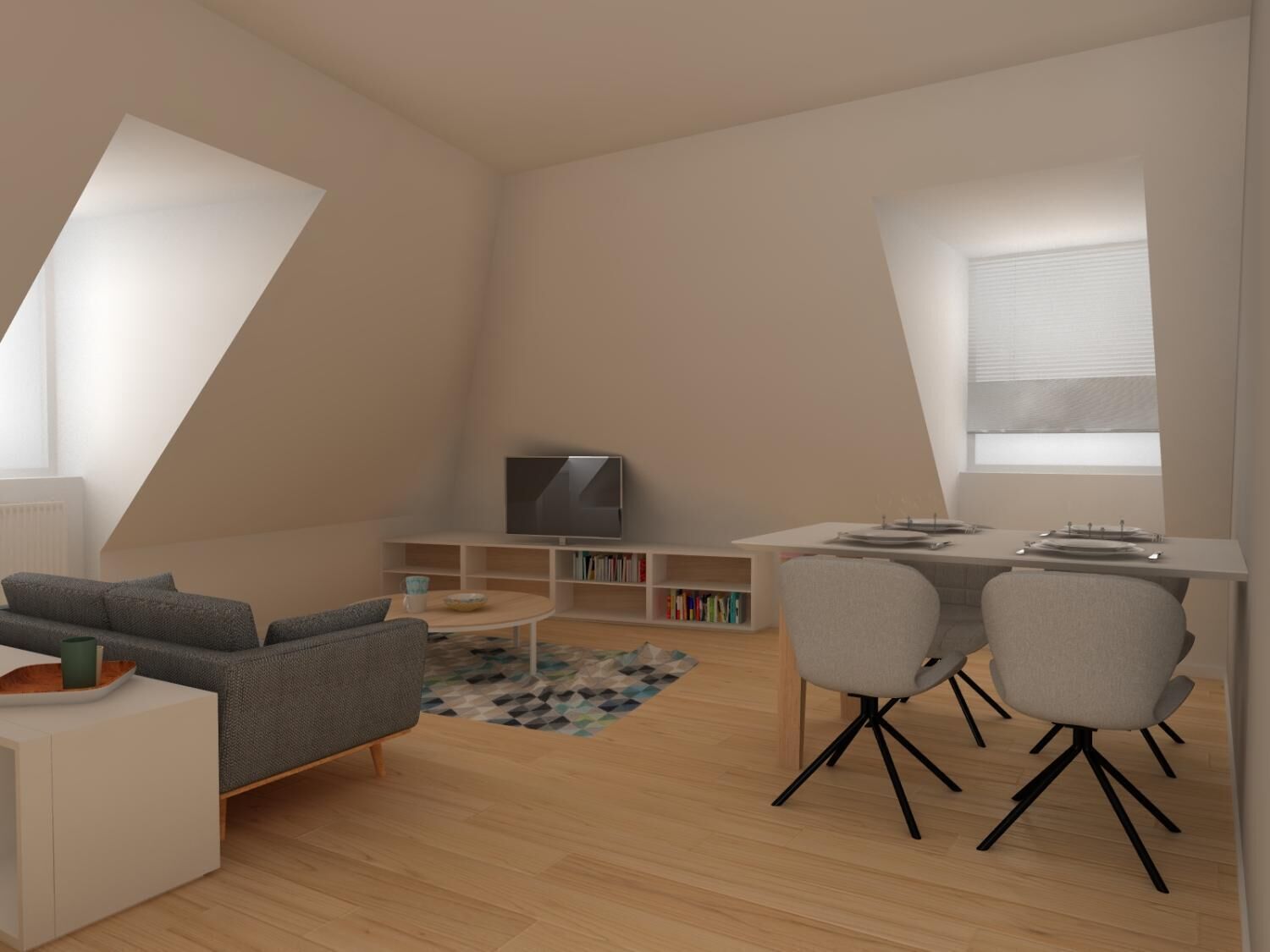 A modern loft apartment with a loft bed, a dining area, and a seating area with a sofa and chairs.