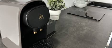 Une cuisine moderne équipée d’une machine à café, d’une petite plante en pot et d’un évier.
