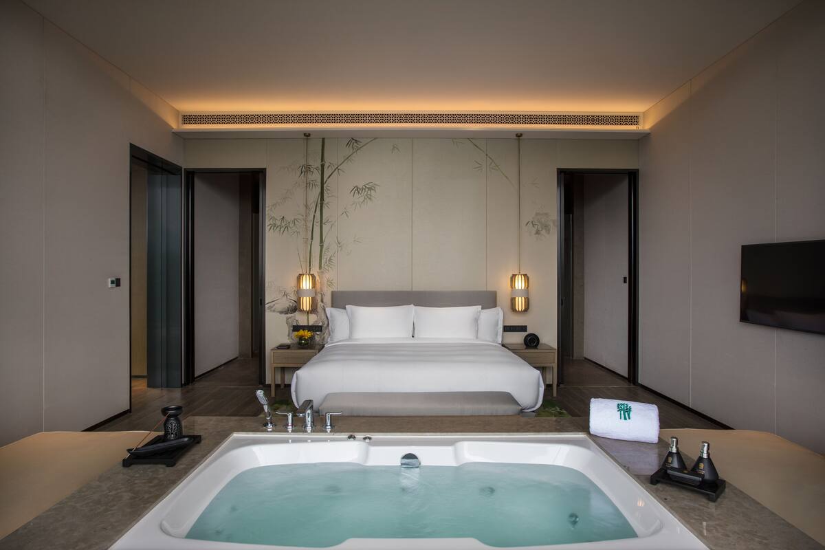 A hotel room with a large bed, a bathtub, a TV, and a decorative wall.