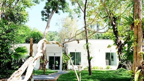 Un bâtiment blanc avec une entrée en verre, entouré d’une végétation luxuriante et d’arbres.