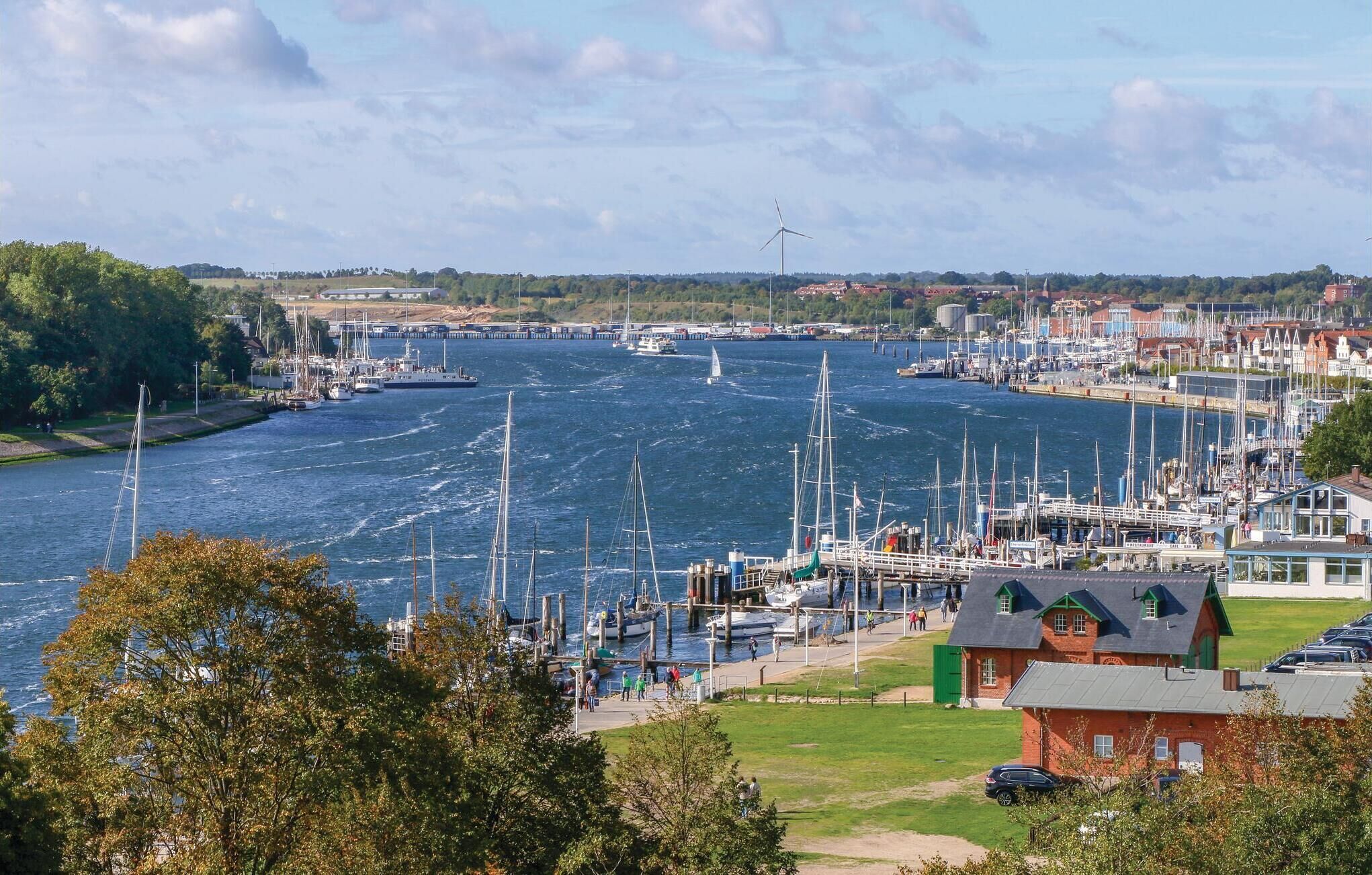 Un port de plaisance avec des bateaux amarrés, une rivière et une ville en arrière-plan.