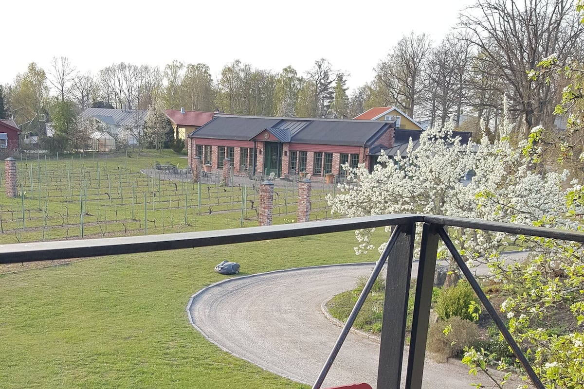 Una silla roja en un balcón con vistas a un césped y un edificio al fondo.