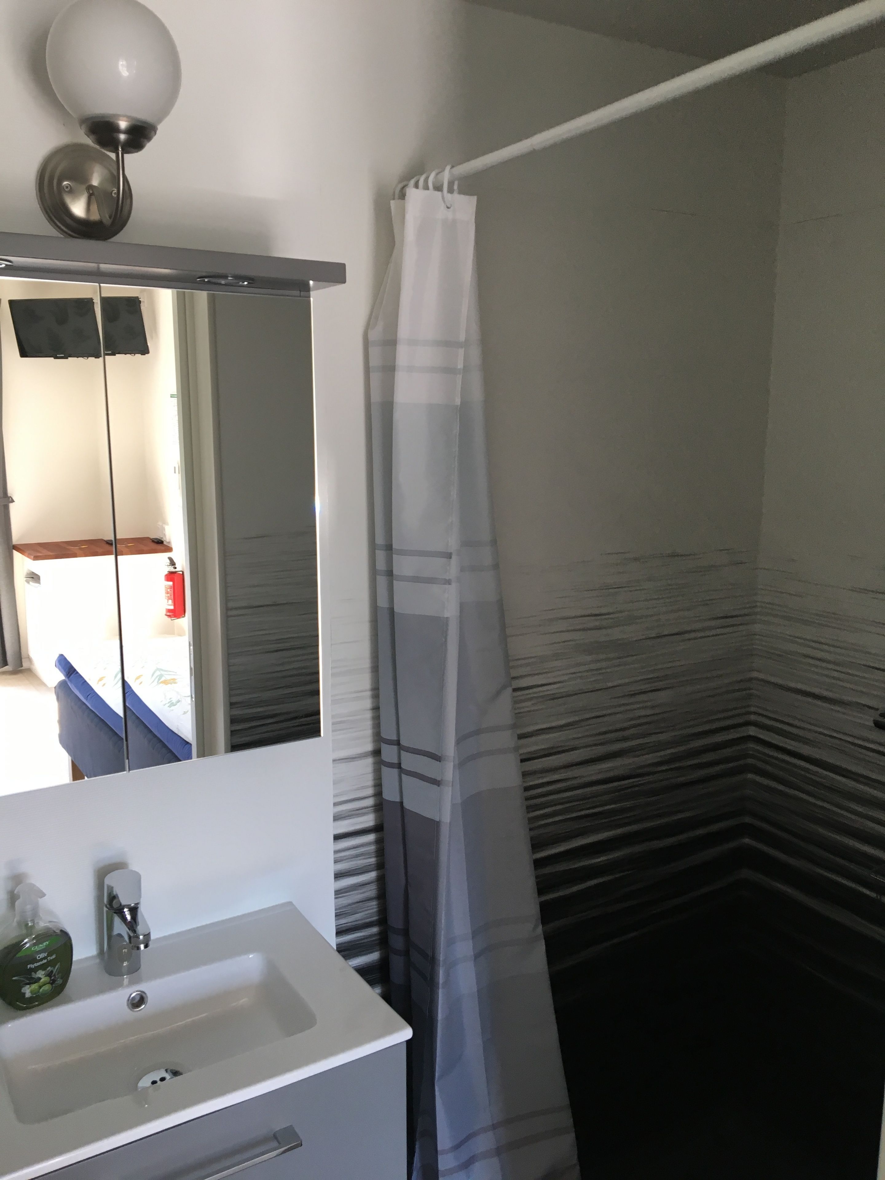 A bathroom with a white sink, a mirror, a shower curtain, and a visible fire extinguisher.