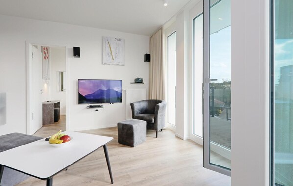 Flat-screen TV, fireplace