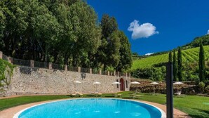 Una piscina con un muro de piedra y árboles al fondo.
