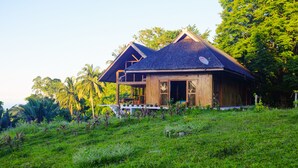 Une maison en bois avec un toit de chaume, entourée d’une végétation luxuriante et de palmiers.
