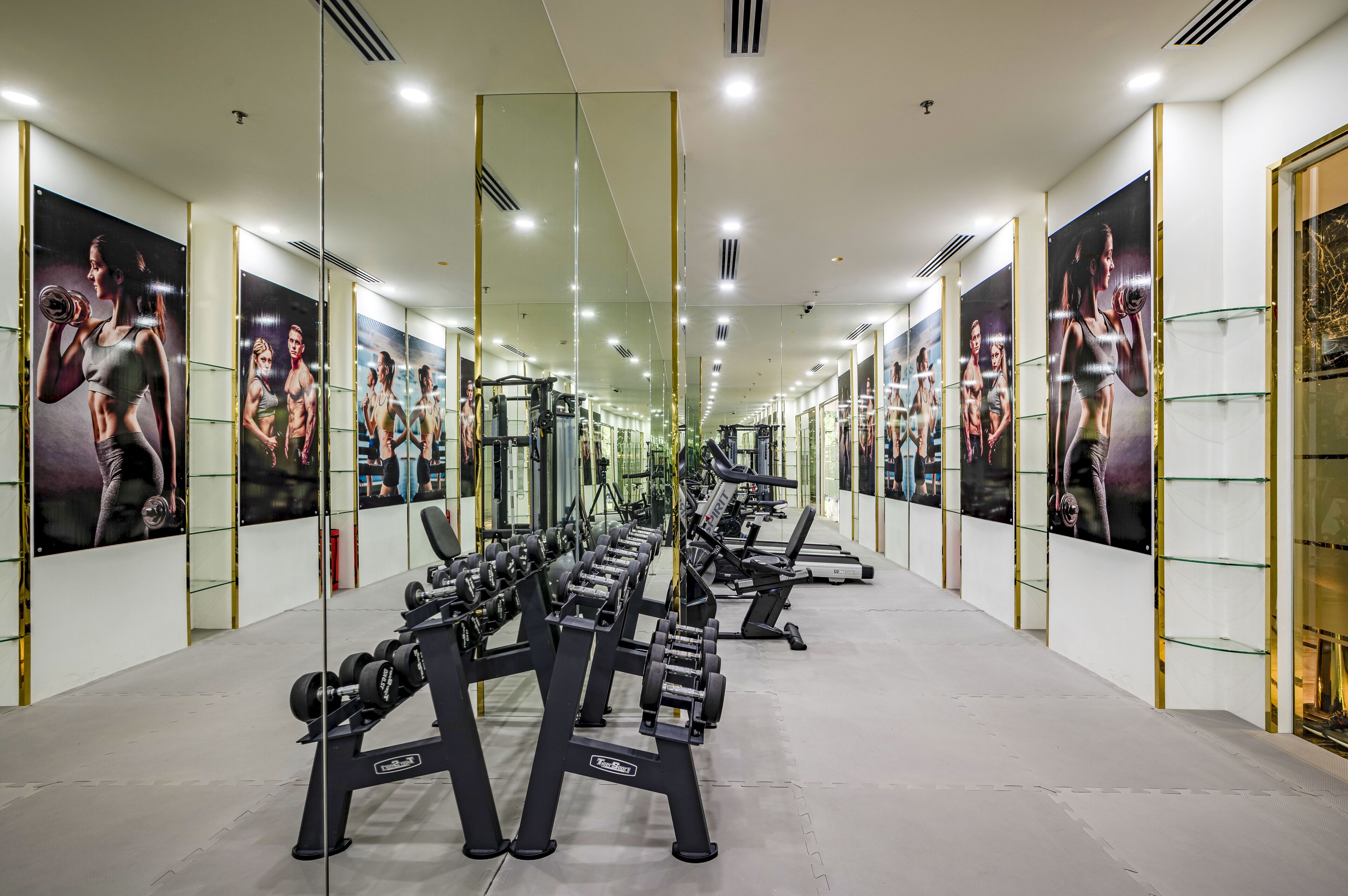 Un gimnasio con paredes de espejos, equipo de levantamiento de pesas y carteles de modelos de fitness.