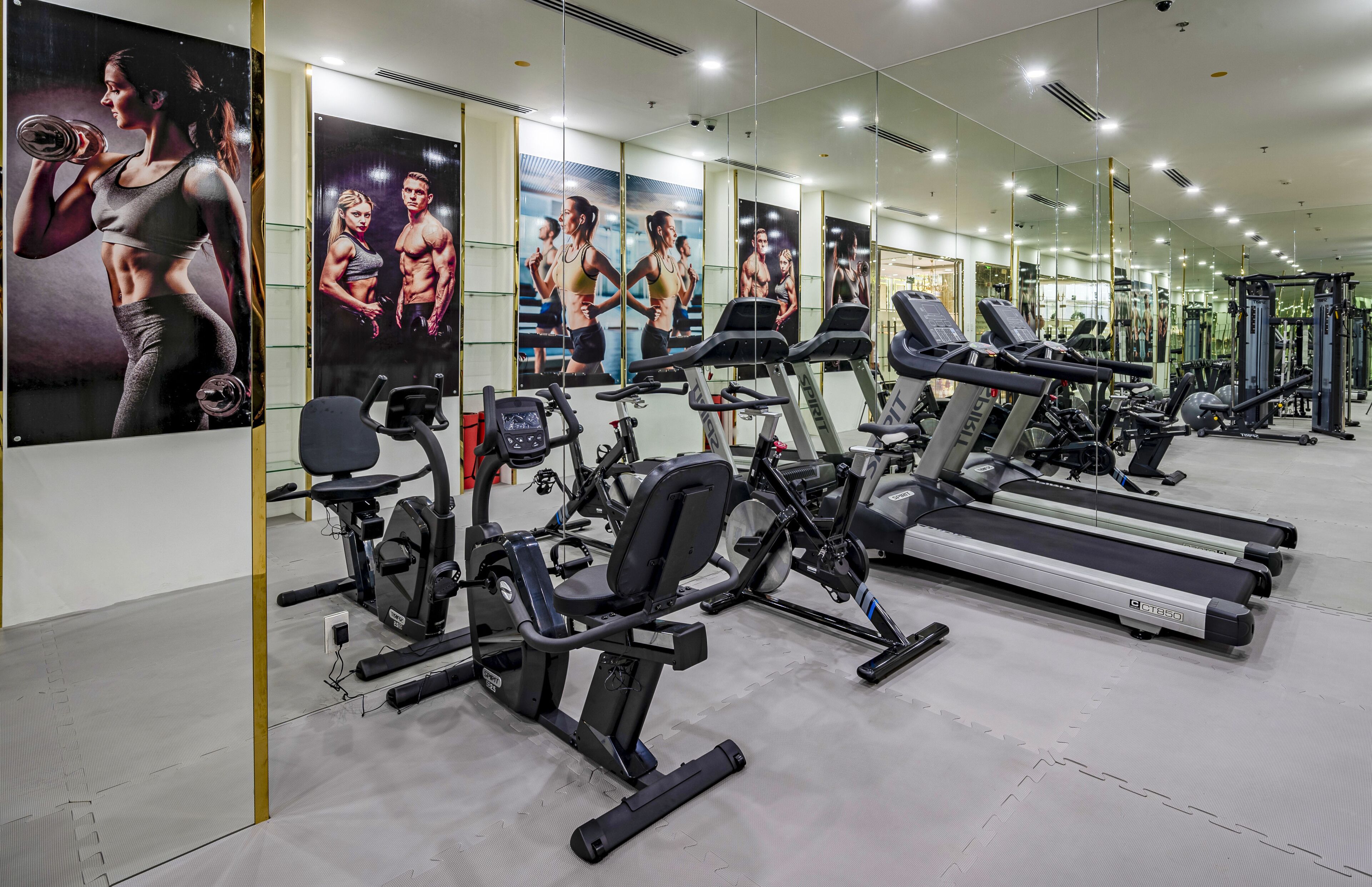 A gym with treadmills, stationary bikes, and weight machines.