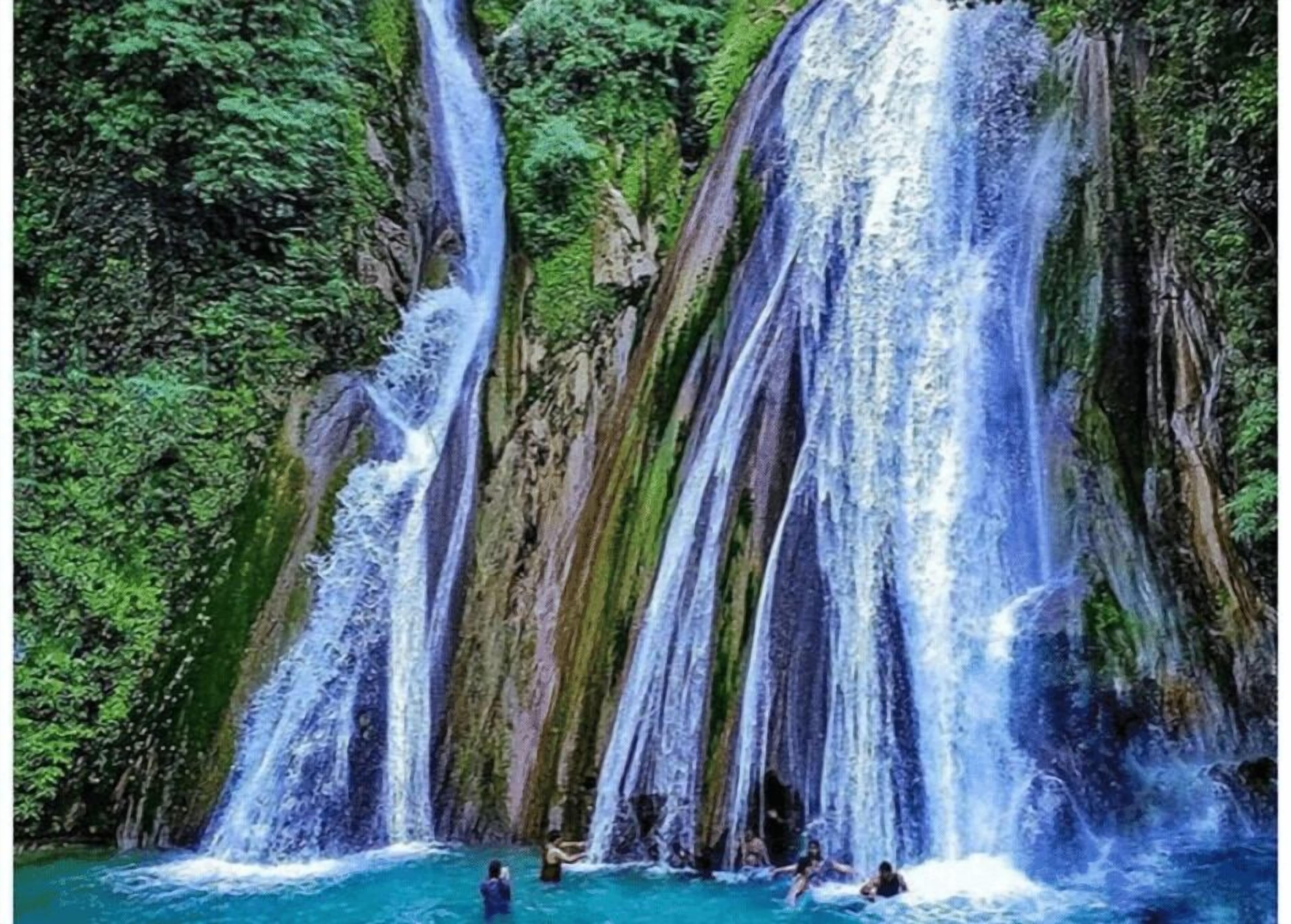 Una cascada con múltiples corrientes que se precipitan en una poza rodeada de abundante vegetación.