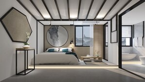 A modern bedroom with a large bed, a round mirror, and a view of traditional architecture through a window. - Suzhou Cloud Art Inn (Suzhou)