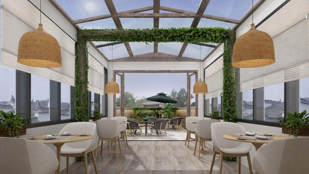 A modern indoor patio with wooden flooring, white furniture, and a glass ceiling. - Suzhou Cloud Art Inn (Suzhou)