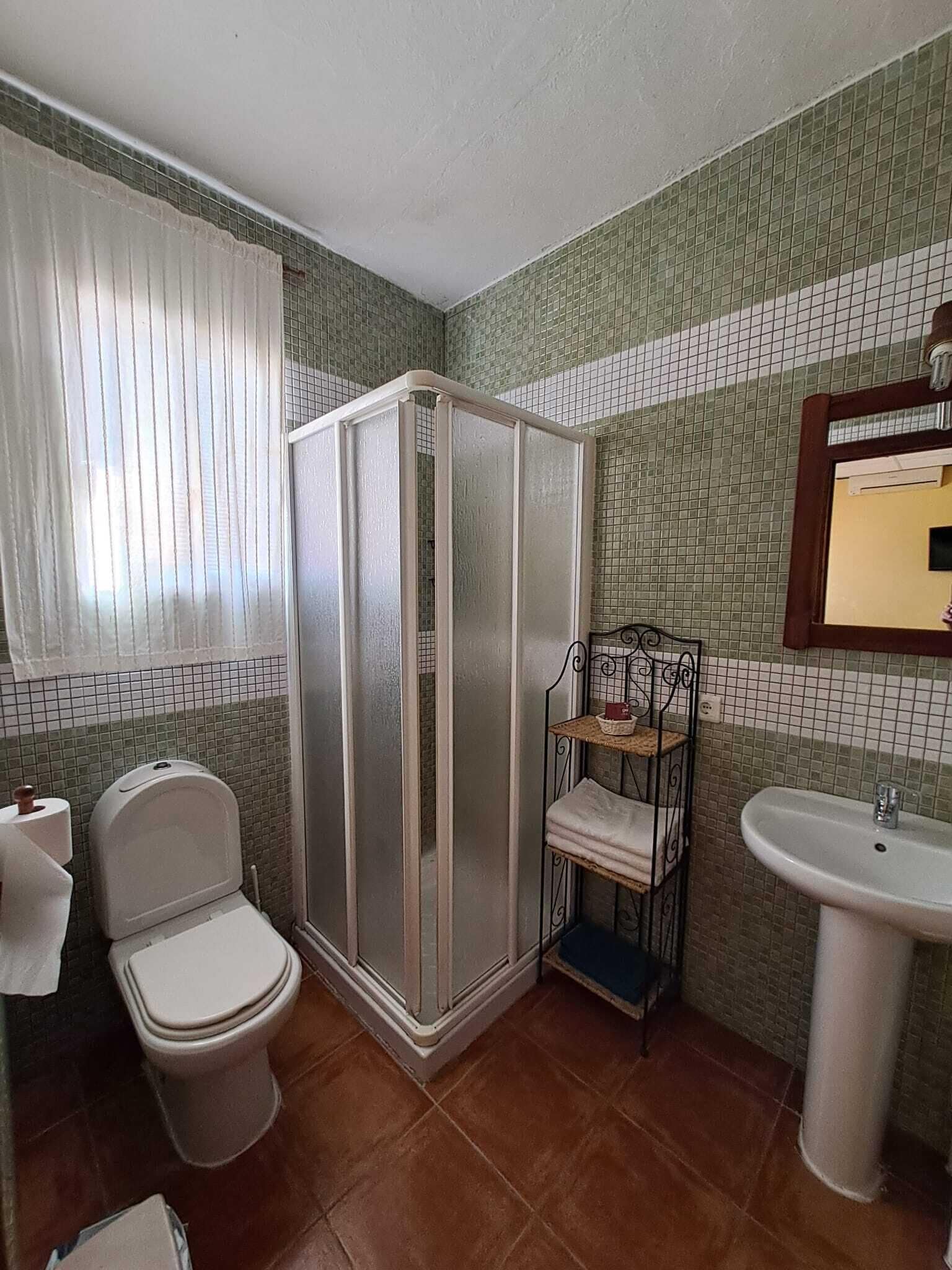 Ein Badezimmer mit Toilette, Duschkabine, Waschbecken und Spiegel.