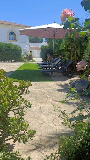 Un espace patio aménagé avec des fauteuils de jardin et un grand parasol, entouré de verdure et avec un bâtiment en arrière-plan.
