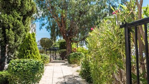 A pathway leading through a garden with various plants and trees. - Villa Atlantica (Pegeia)