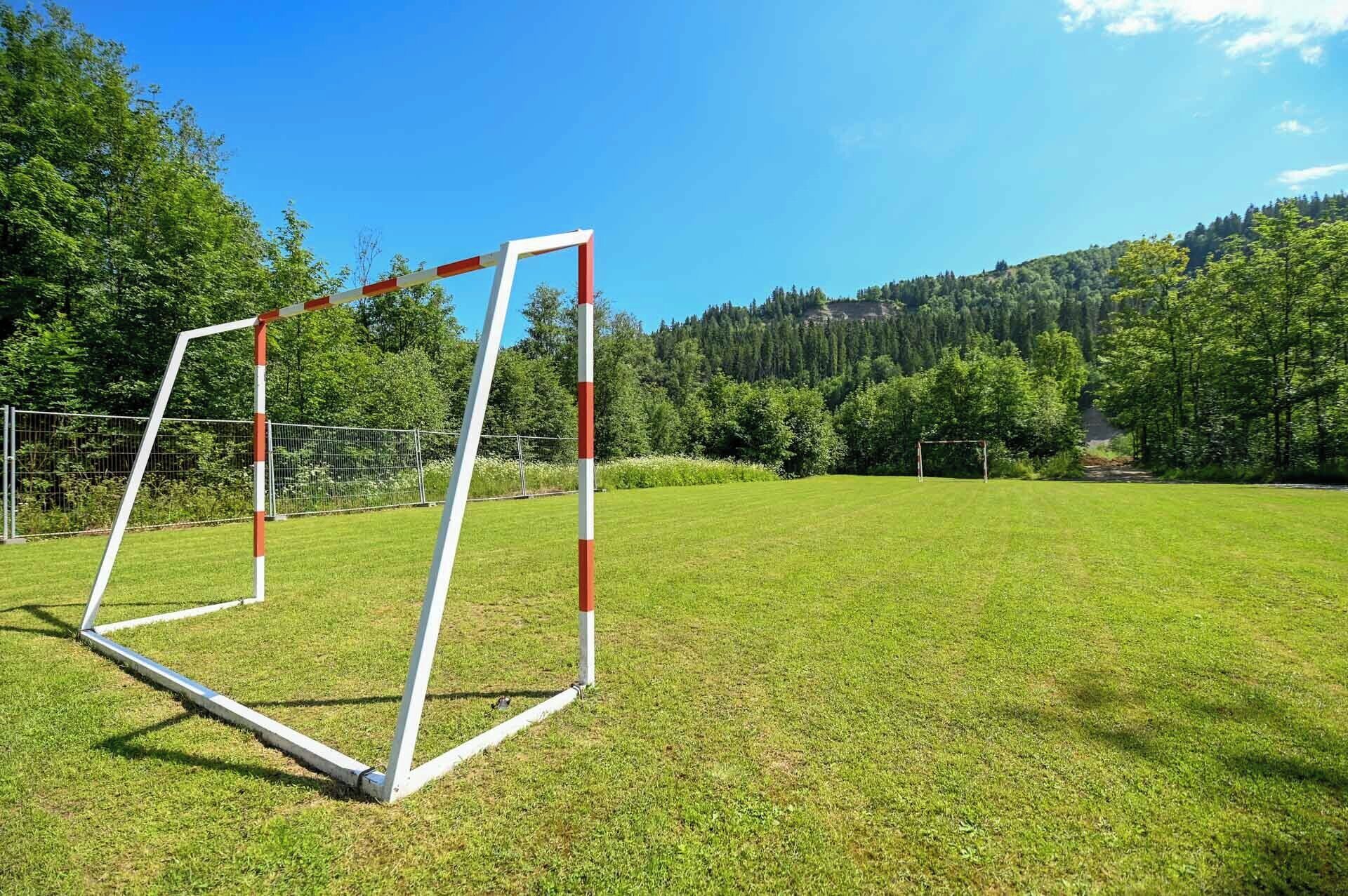 Un but de football sur un terrain herbeux, avec une colline boisée en arrière-plan.