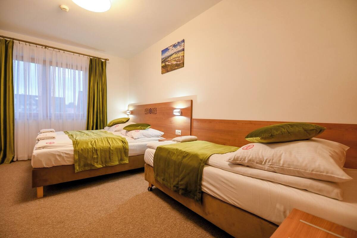 Habitación de hotel con dos camas individuales, cabecero de madera, un cuadro en la pared y una ventana con cortinas translúcidas.