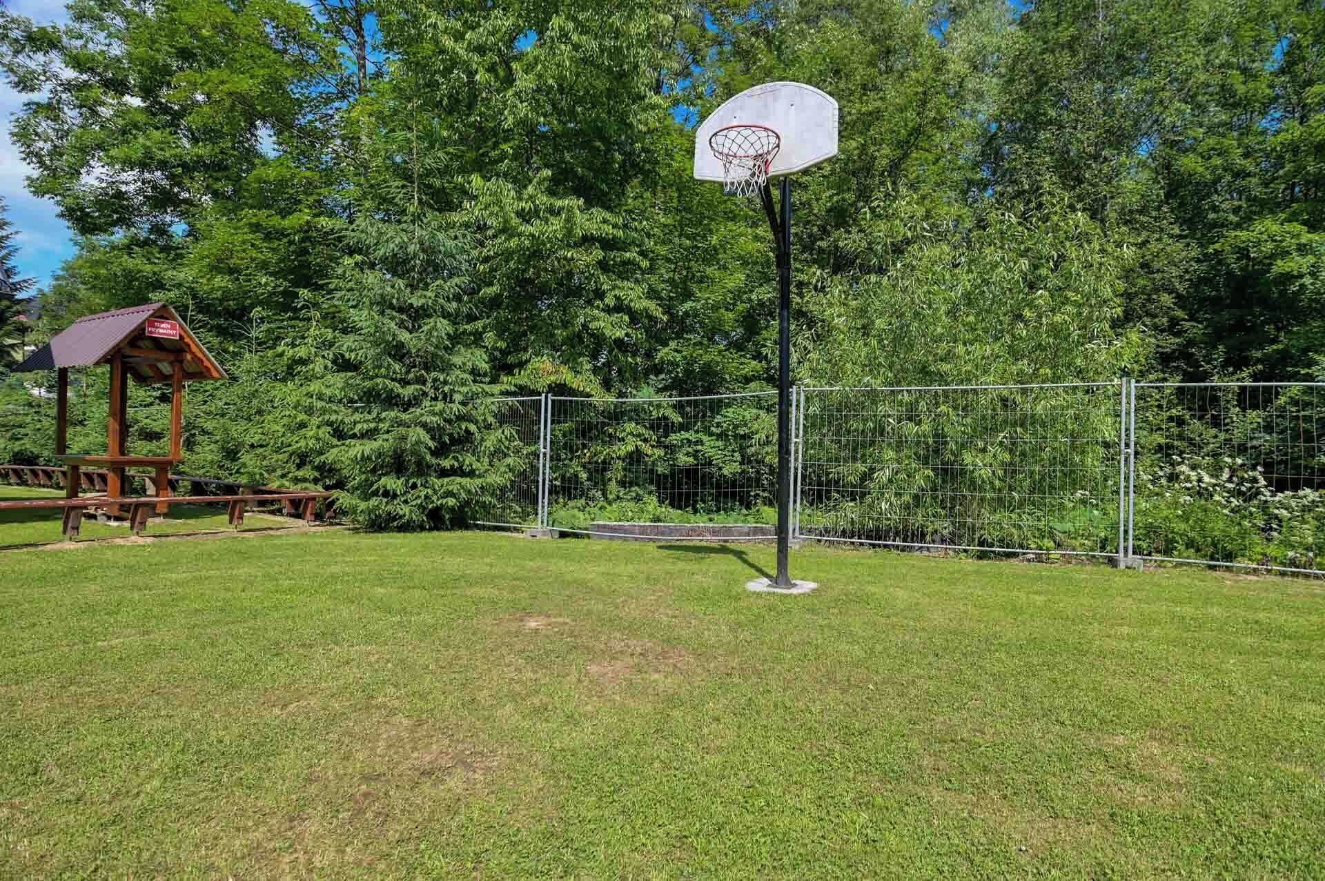 Canasta de baloncesto en un área verde con una estructura de madera y una cerca al fondo.