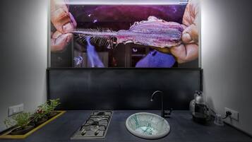 Eine Küche mit Gasherd, Spüle und Spritzschutz.