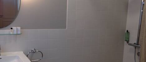 A bathroom with a sink, mirror, and shower.
