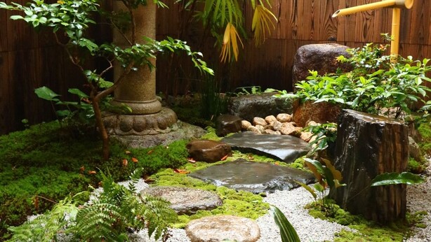 Um jardim com um lampião de pedra, uma pequena cascata e diversas plantas.