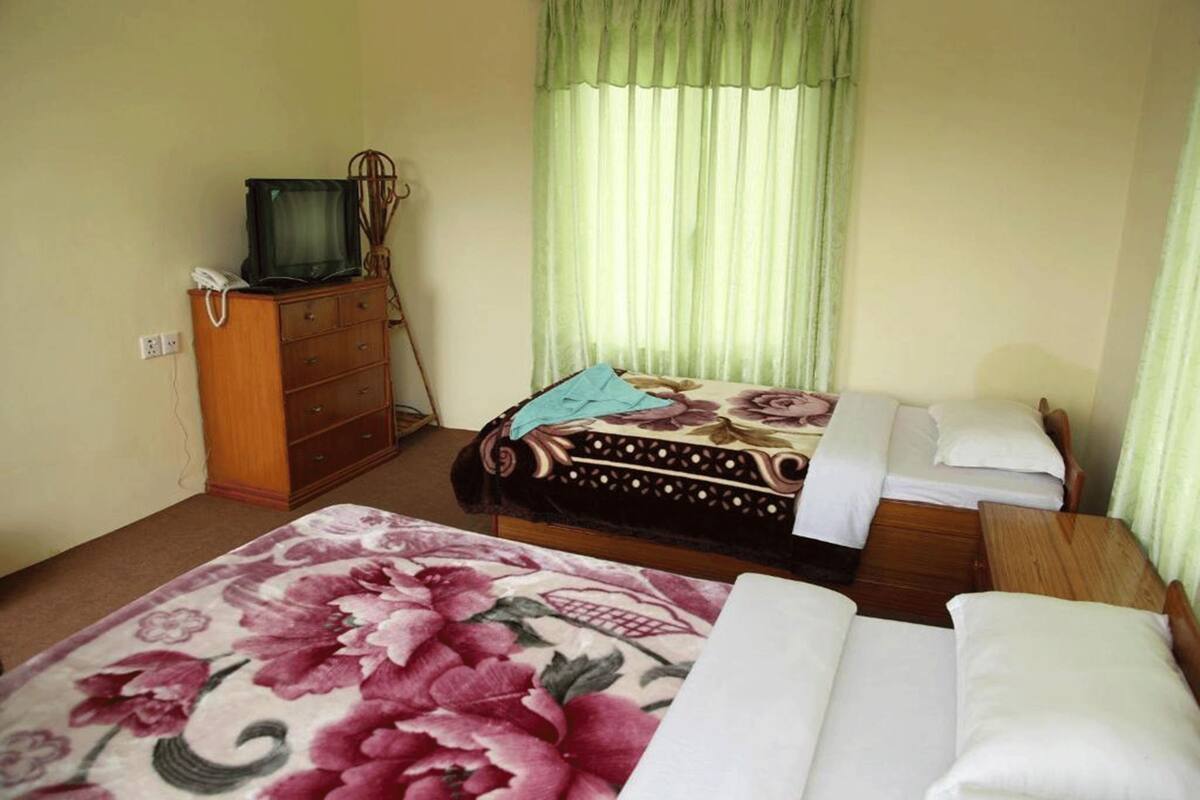 Un dormitorio con cama, cómoda, televisor y ventana con cortinas.