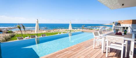 Una piscina al aire libre, sombrillas, tumbonas