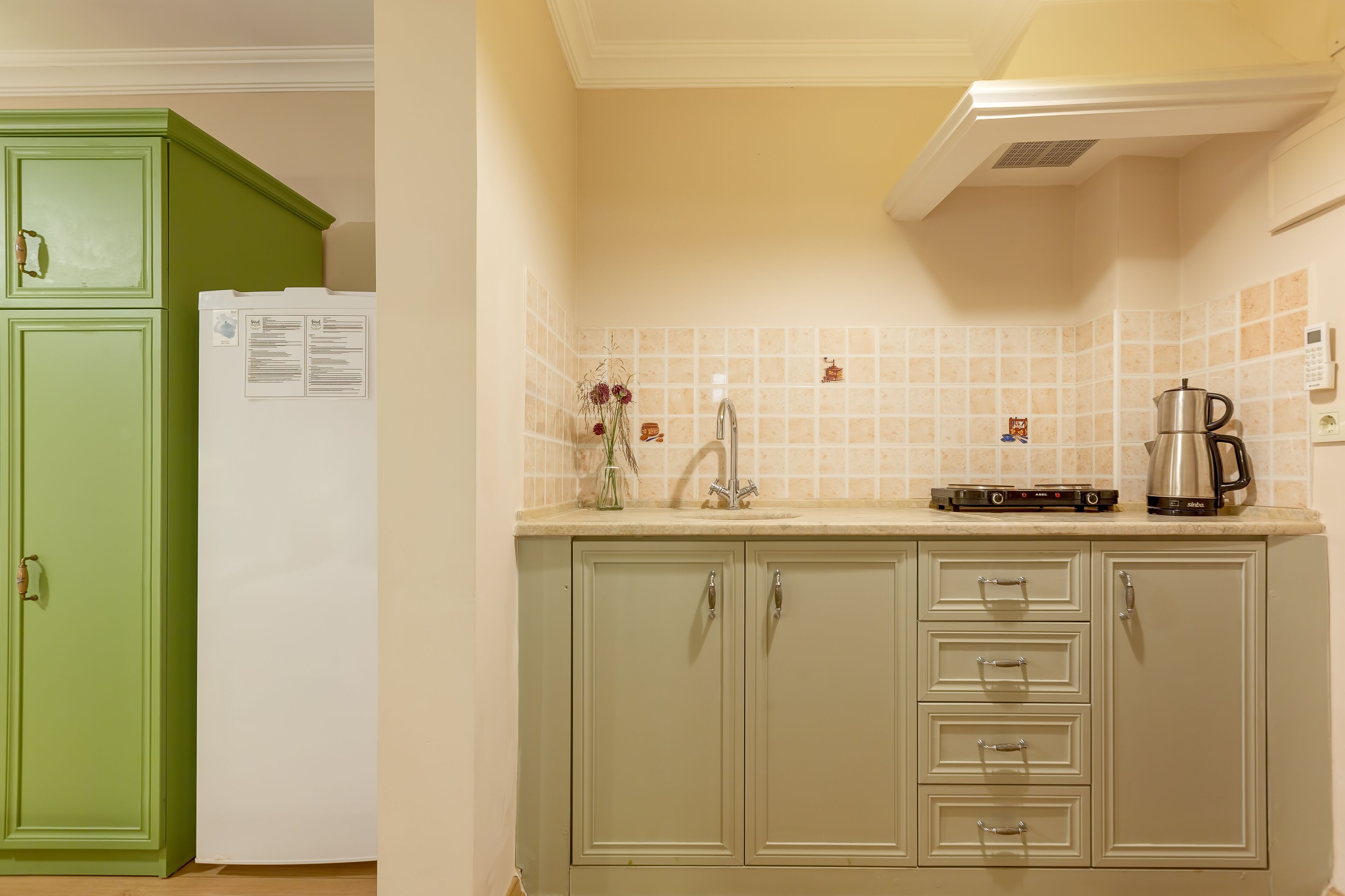 A kitchen with green cabinets, a white refrigerator, a tiled backsplash, a sink, a coffee maker, and a small plant.